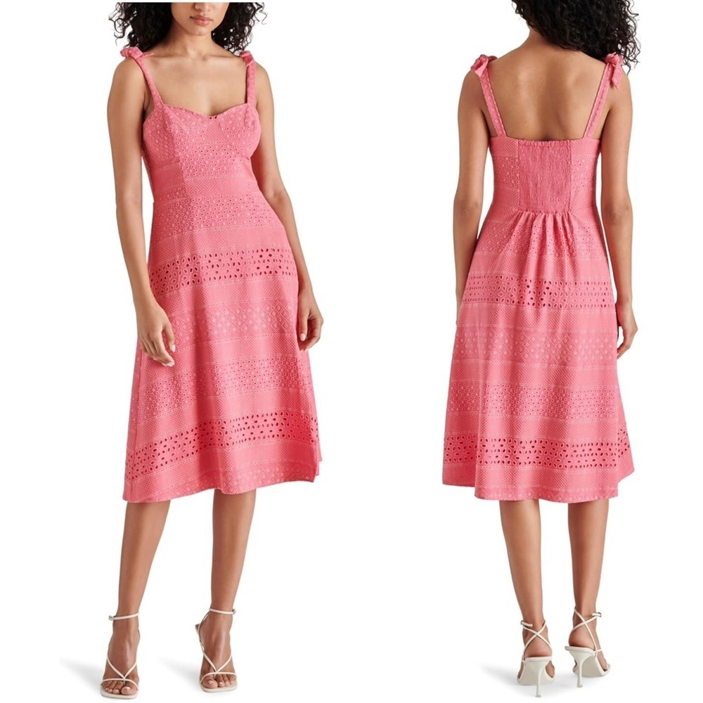 Steve Madden Carlynn Cotton Eyelet Fit & Flare Bow Tie Strapess Midi Dress NEW